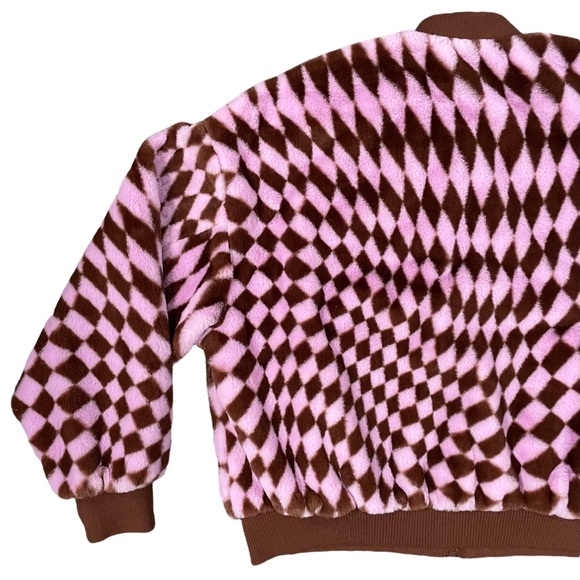 COTTON ON Pink Brown Pattern Faux Fur Bomber Jacket Small - Picture 9 of 12